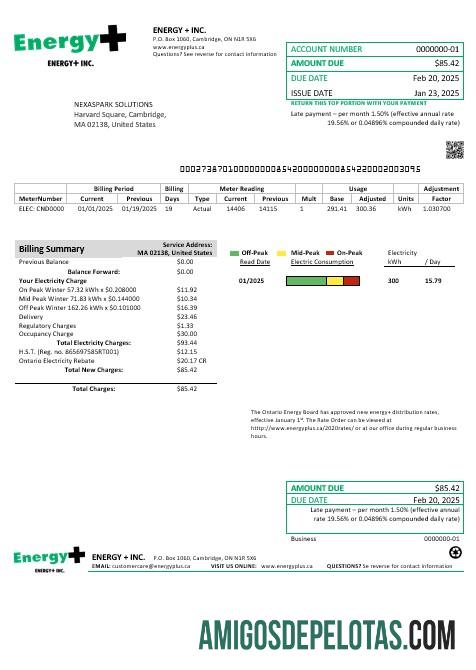 imprimível Modelo de conta de serviços públicos de energia elétrica dos EUA Massachusetts Energy Plus em formatos Word e PDF